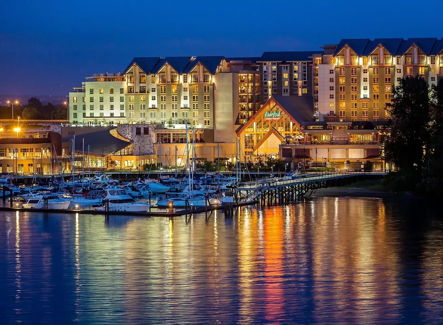 Waterfront resort buildings beside the river